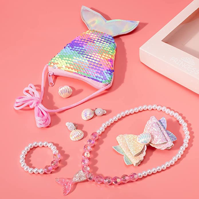 El Regalo 6-Piece Mermaid Princess Girls Kids Dress Up Jewelry Gift Box Set - Sequins Mermaid Tail Coin Purse Necklace Bracelet Ring Pearl Earrings Gifts for Girls (Shiny Pink Mermaid Jewelry Set)