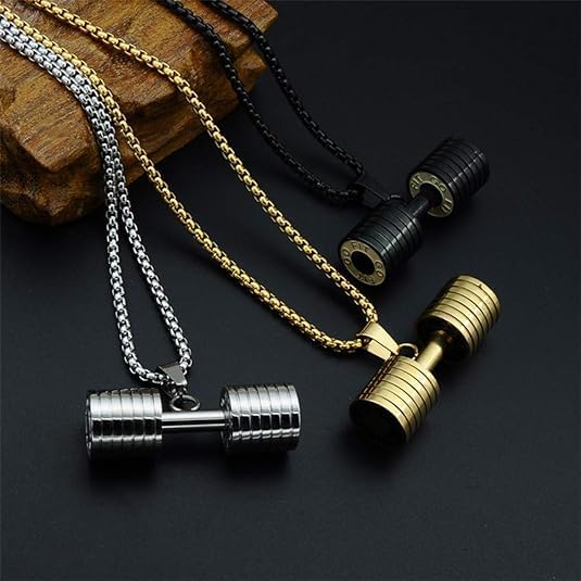 El Regalo Stainless Steel Gym Fitness Dumbbell Pendant Necklace for Boys/Men- Go Fit Motivational Fitness Sports Jewelry for Gym Lovers (Gold)