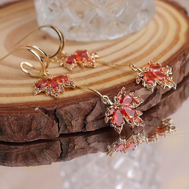 El Regalo Gold Open Hoop Fall Maple Leaf Dangle Earrings - Elegant Sparkling Crystal Cubic Zirconia Rhinestone Earrings for Women