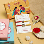 El Regalo 2PCs Red & Yellow Thread Bracelet Rakhi Combo Set for Brother- Auspicious OM, Ganesha, Shree, Trident, Damroo Mauli Rakhi with Roli Chawal Shagun, Message Card in Rakhi Gift Box (Option-1)
