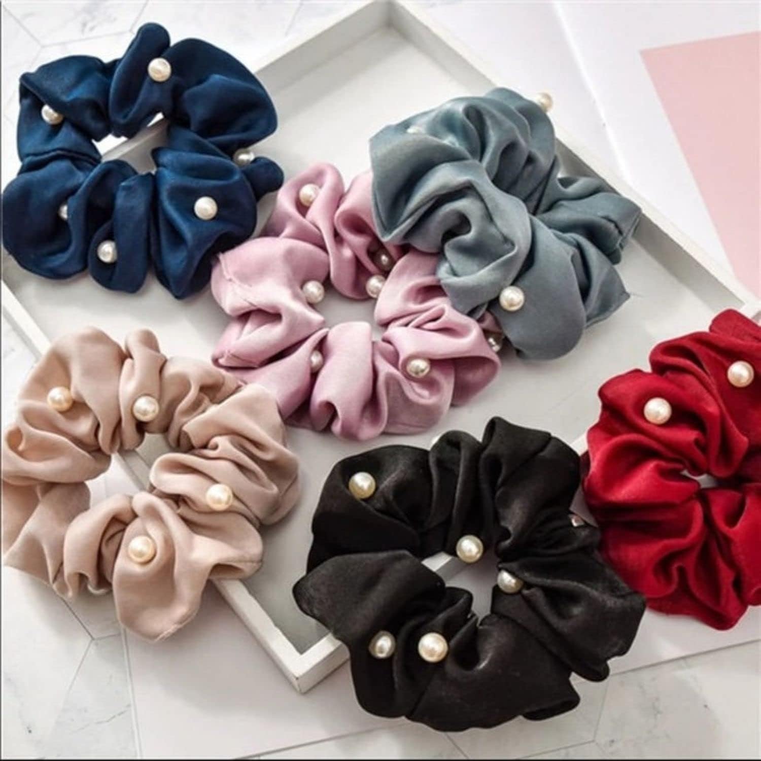 El Regalo 3 PCs Satin Silk Pearls Hair Scrunchies for Women/Girls- No Damage Silk Hair Ties with Delicate Pearls - Soft, Smooth & Shiny Hair Accessories (Color option-2)
