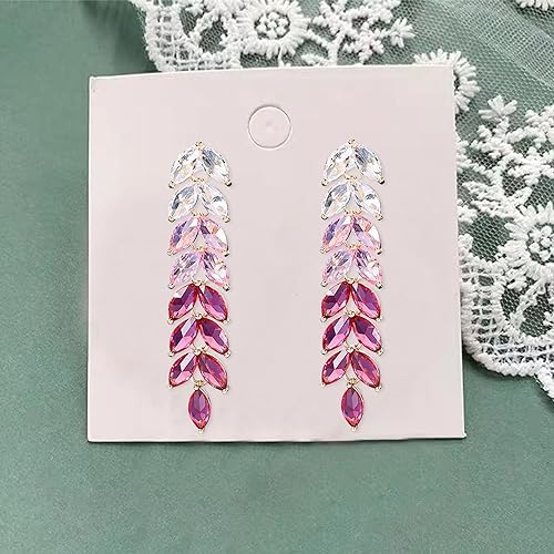 El Regalo Gradient Crystal Long Chandelier Tassel Dangle Earrings - Rhinestone Leaf Drop Statement Earrings for Women, Lightweight, Comfortable, Sparkling Jewelry (Pink)