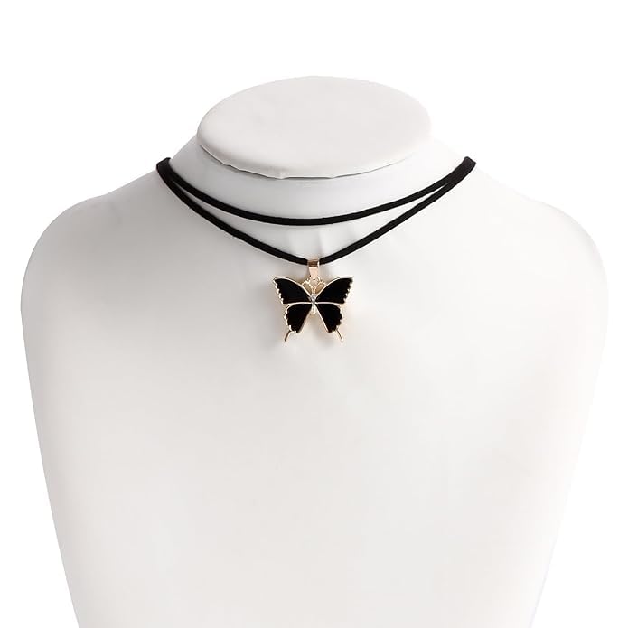 El Regalo Gothic Vintage Layered Black Velvet Butterfly Choker Necklace - Adjustable Boho Butterfly Pendant Necklace for Women & Girls