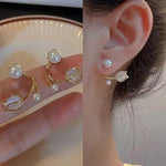 El Regalo Tulip Flower Pearl Cuff Jacket Earrings For Girls Women- Unique French Style Flower Cat's Eye Stone Front Back Climbers Crawler Earrings