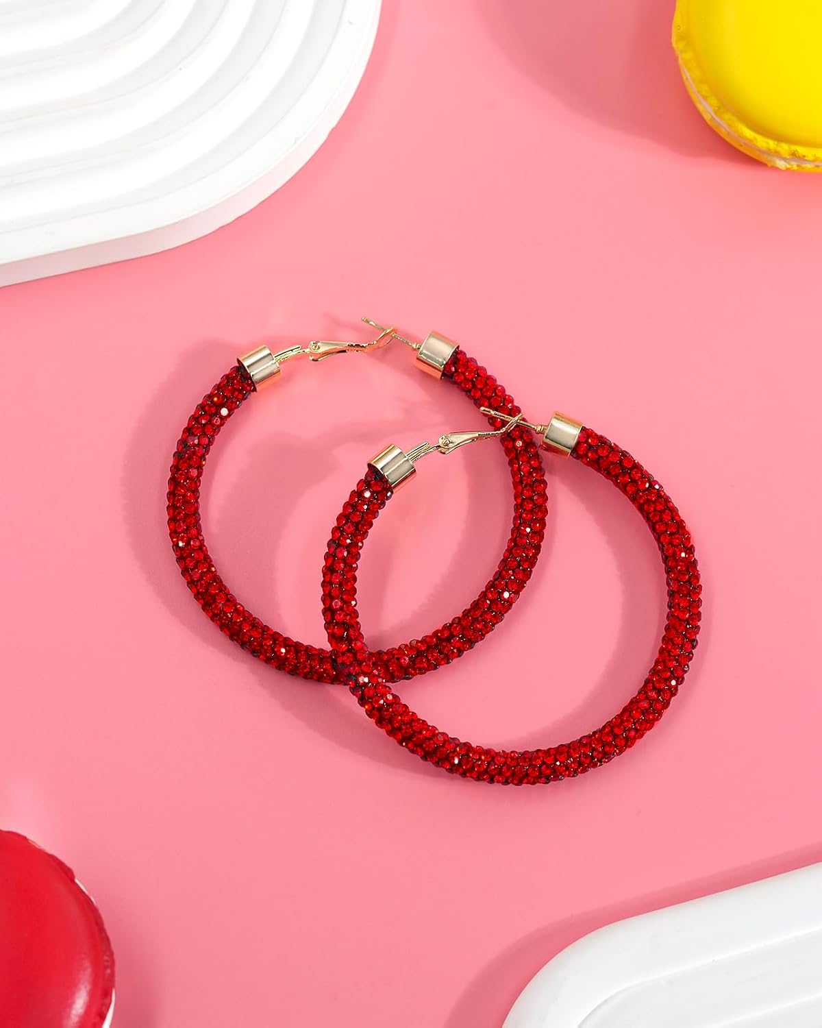 Ronglry Rhinestone Hoop Earrings for Women Glitter Hoop Earrings Bohemian Silver Sparkle Earrings Hoop Dangle Earrings for Women Large Hoop Earrings Crystal Party Earrings Prom Formal Jewelry, Crystal