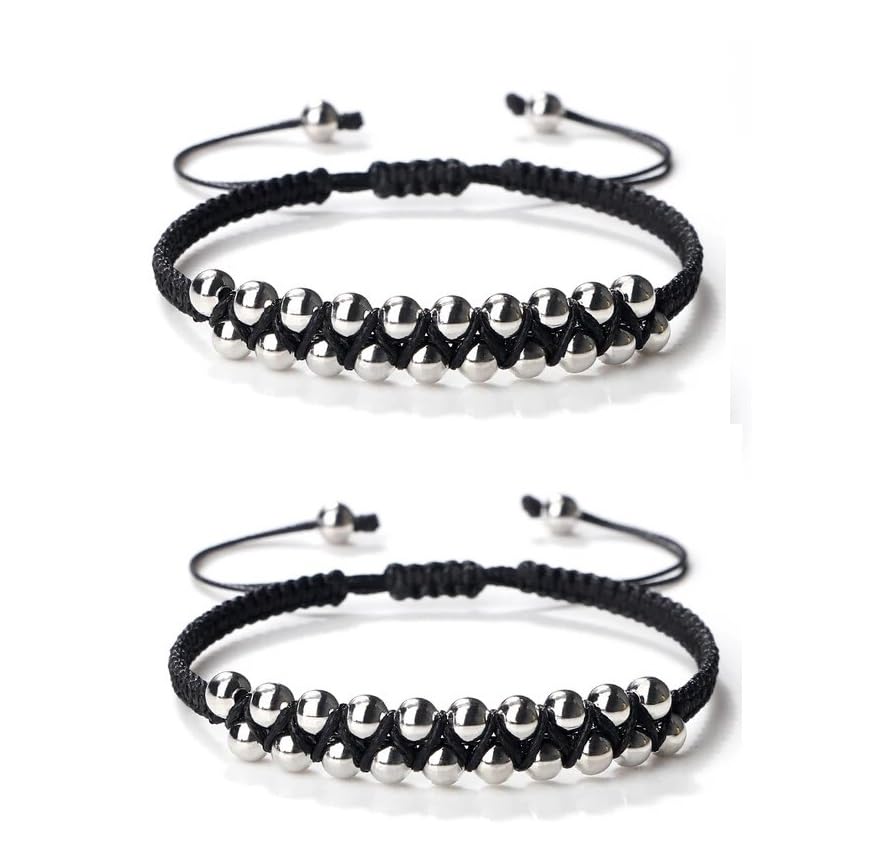 El Regalo Womens 2 Pcs Handmade Beaded Nazaria/Nazar Bracelet Cum Anklet Set- Black Thread Anklet/Bracelet Set (Silver)