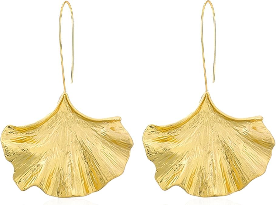 El Regalo Big & Bold Ginkgo Leaf Drop Dangle Earrings - Fashionable Fall Maple Leaf Boho Earrings for Women & Girls, Classy Statement Jewelry (Gold)