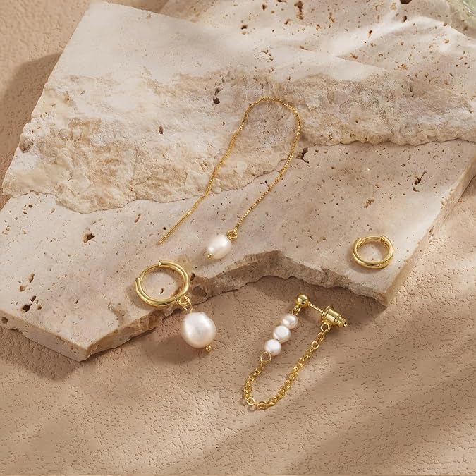 El Regalo 14K Gold Plated Pearl Drop & Huggie Hoop Earrings Combo Set for Women | 4 Pairs Anti-Tarnish Hypoallergenic Earring Stack for Multiple Piercings & Cartilage | Premium Aesthetic Jewellery Gift