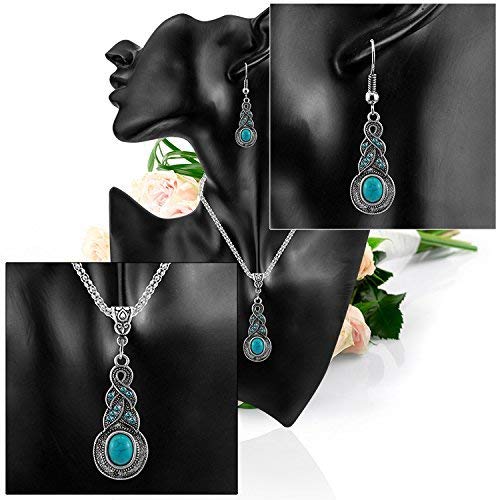 El Regalo Retro Turquoise Rhinestone Earrings Necklace Jewelry Set for Girls & Women