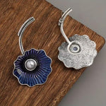 El Regalo Women's & Girl's Gorgeous Roast Blue Pearl Cloisonne Lotus Earrings- Vintage Blue Enamel Lotus Leaf Drop Freshwater Pearl Earrings