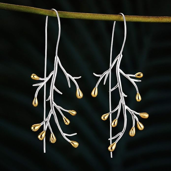 El Regalo 1 Pair Uniquely Handcrafted Tree Branch Dangle Earring for Women/Girls- Dual Tone Gold & Silver Statement Earrings with Blossoming Golden Buds