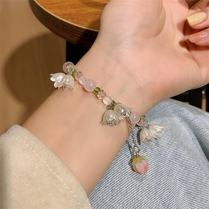 El Regalo Women's 1Pc Beautiful Lily Of The Valley Flower Tassel Beads Bracelet- Pink, Green & White Lilly Bells Pearl Vintage Bracelet