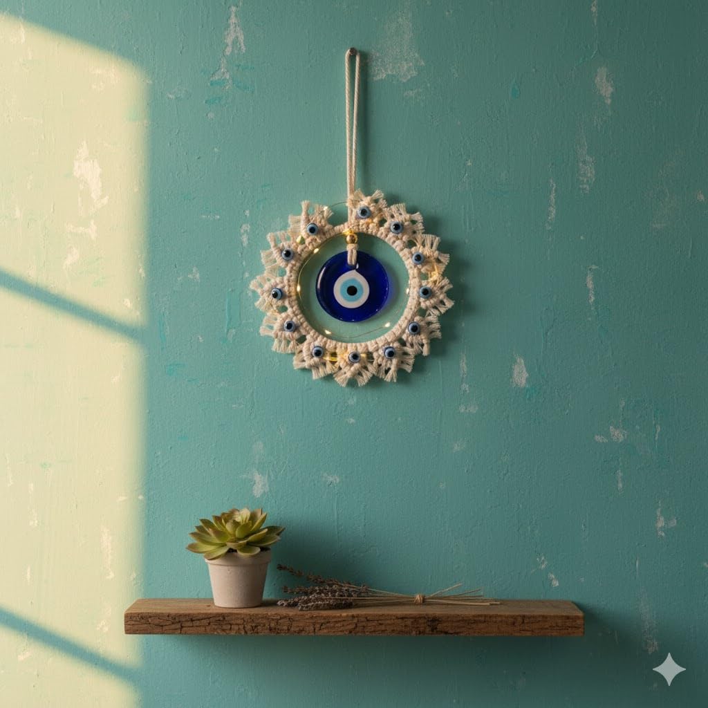 El Regalo Macrame Nazar Battu Wall Hanging with Big Evil Eye Charm | Handmade Bohemian Style Wall Decor for Home & Office | Macrame Evil Eye Protection Hanging (6.3 Inches Diameter)