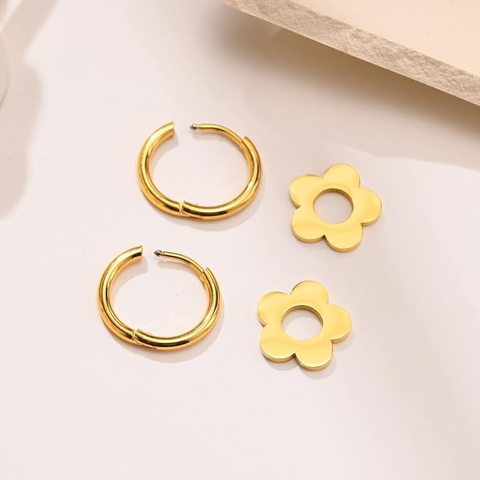 El Regalo Cute Stainless Steel Flower Huggie Hoop Earrings for Girls & Women- Anti-Tarnish, Waterproof Daisy Floral Hoops