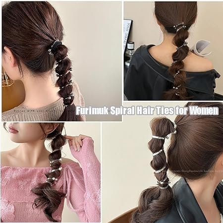 El Regalo 3PCs Stretchy Pearl Spiral Braided Telephone Scrunchies Ponytail Holders, Hair Ties for Kids Girls/Teens & Women - Black, White & Silver