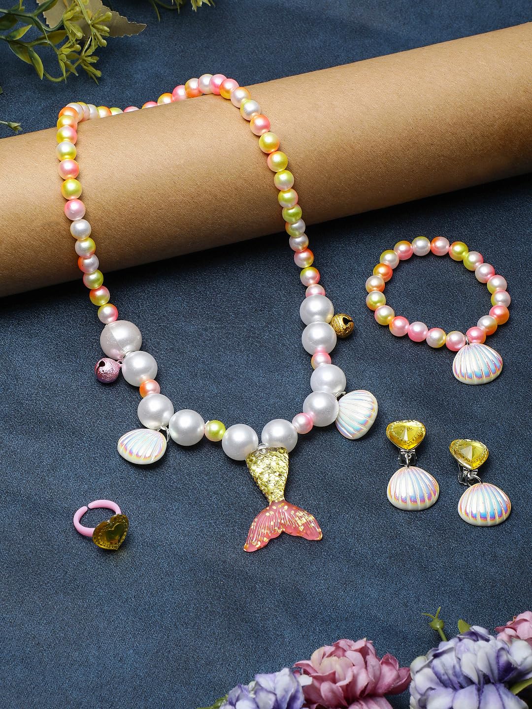 El Regalo 4-Piece Mermaid Princess Jewelry Gift Set for Girls Kids- Princess Mermaid Shell Necklace, Bracelet, Earrings, Ring Pearl Gifts for Girls/Toddlers/Kids Dress Up Jewelry