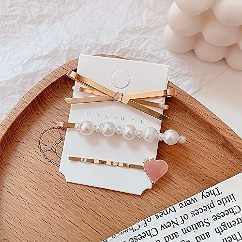 El Regalo 3 Pearls Heart Hair Pins Combo Set- Fancy Hair Pins- Heart, Pearl & Bow Bobby Pins Combo for Girls & Women