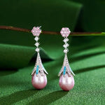 El Regalo Vintage Elegant Palace Style Luxury Pearl CZ Earrings for Women - Shiny Pink Zirconia Bridal Wedding Party Jewelry