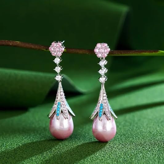 El Regalo Vintage Elegant Palace Style Luxury Pearl CZ Earrings for Women - Shiny Pink Zirconia Bridal Wedding Party Jewelry
