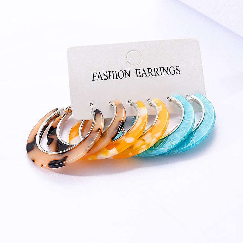 El Regalo 3 Pairs Acrylic Hoop Earrings for Women & Girls - Lightweight Colorful Resin Hoops Set - Boho Fashion Jewelry for Western & Casual Wear - Pack of 3 (Geometric C-Shape) (Option-1)