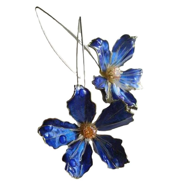 El Regalo Womens Vintage Bohemian Style Enamel Flower Earrings - Silver Tone, Trendy Long Hook Floral Earrings