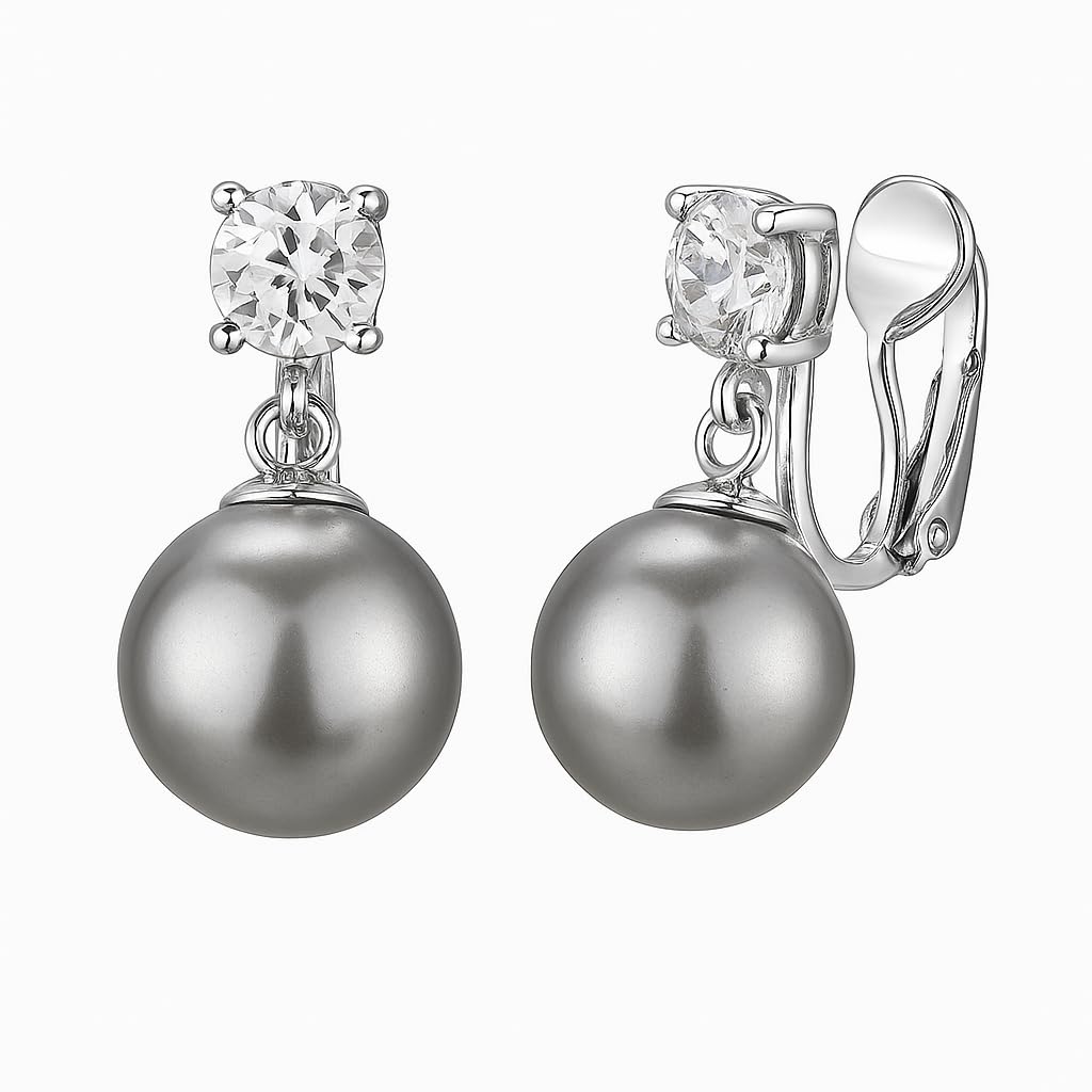 El Regalo CZ Pearl Clip-On Earrings for Women & Girls | Non-Pierced Earrings with CZ Sparkle | Elegant Clip On Pearl Earrings for Weddings, Parties & Casual Wear (Grey)