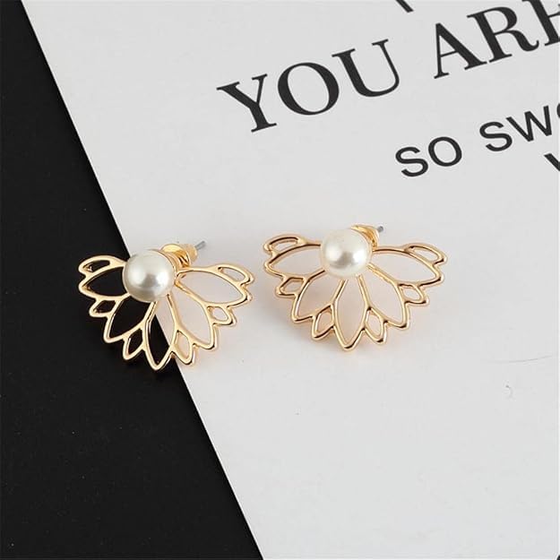 El Regalo Lotus Flower Pearl Ear Jacket Earrings for Women & Girls - Front Back Double-Sided Hollow Lotus Flower Stud Earrings - Elegant Ear Cuffs with Pearl Design - 2 Wearing Styles (Gold)