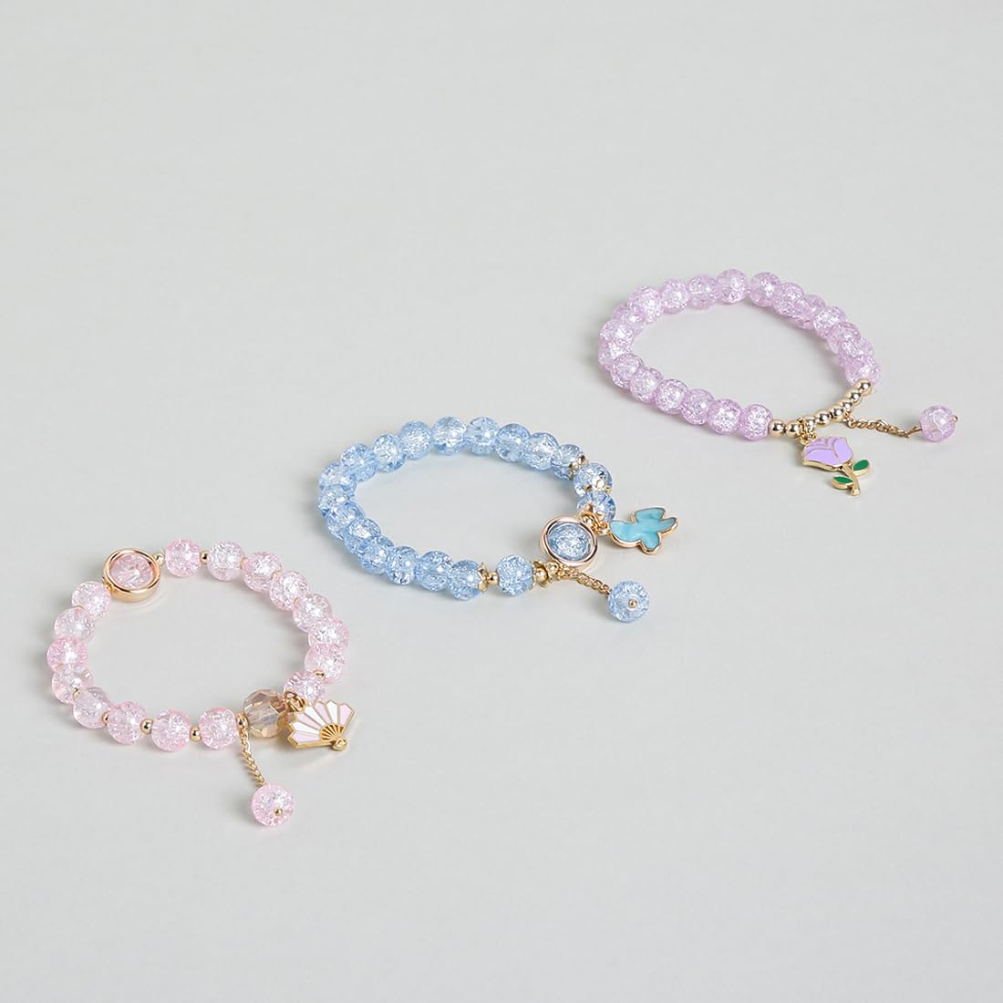 El Regalo 3PCs Opal Stone, Crystal Beads Tassel Bracelet With Cute Enamel Charms Star, Shell, Rainbow, Flowers, Swan, Pearls etc. for Kids/Girls/Teens/Women (Option-5)