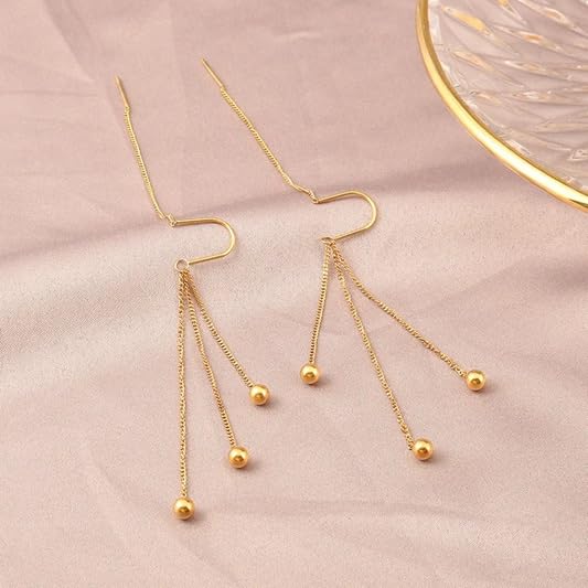 El Regalo Modern Sui Dhaga Threader Earrings for Women - Minimalist Long Pull Through Chain Earrings - Light Dangle Needle Threaders for Multiple Piercings, Sensitive Ears (Triple Bead Drip)