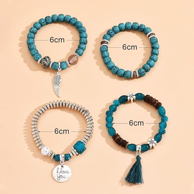El Regalo 4Pcs/Set Vintage Bohemia Style Wing Beads Tassel Unisex Bracelet - Stackable Multi-layer Modern Charm Bracelets with Wings and I Love You Charms Bracelets (Blue)