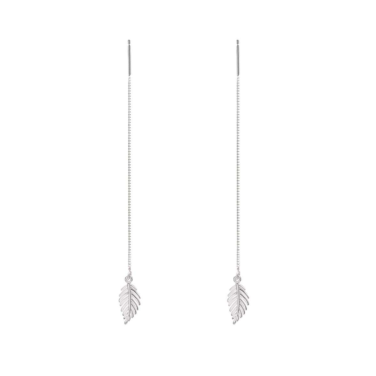 El Regalo 925 Silver Plated Minimalist Long Thin Linear CZ Elegant Threader Dangle Chain Earrings for Girls & Women (Leaves Threaders)