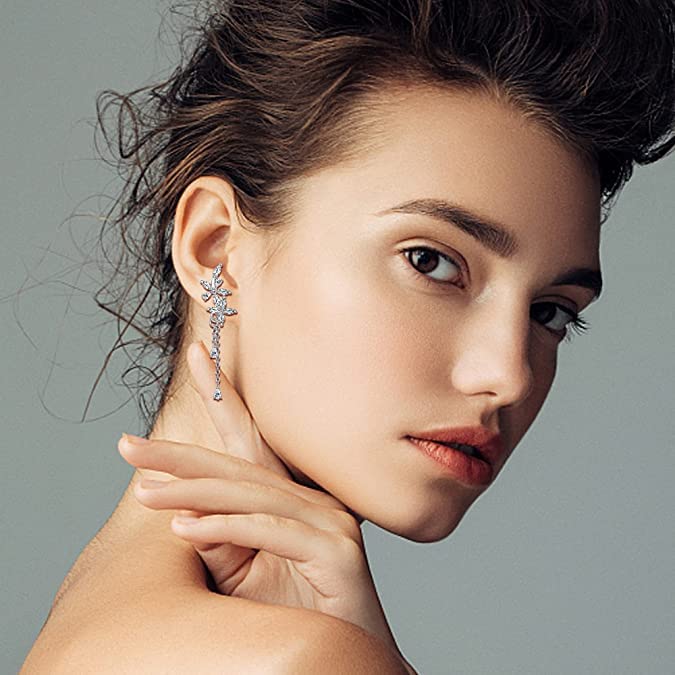 El Regalo 925 Silver Plated Dainty Flowers Threader Detachable Tassel Chain Leaves Wrap Earrings Crawler for Girls & Women
