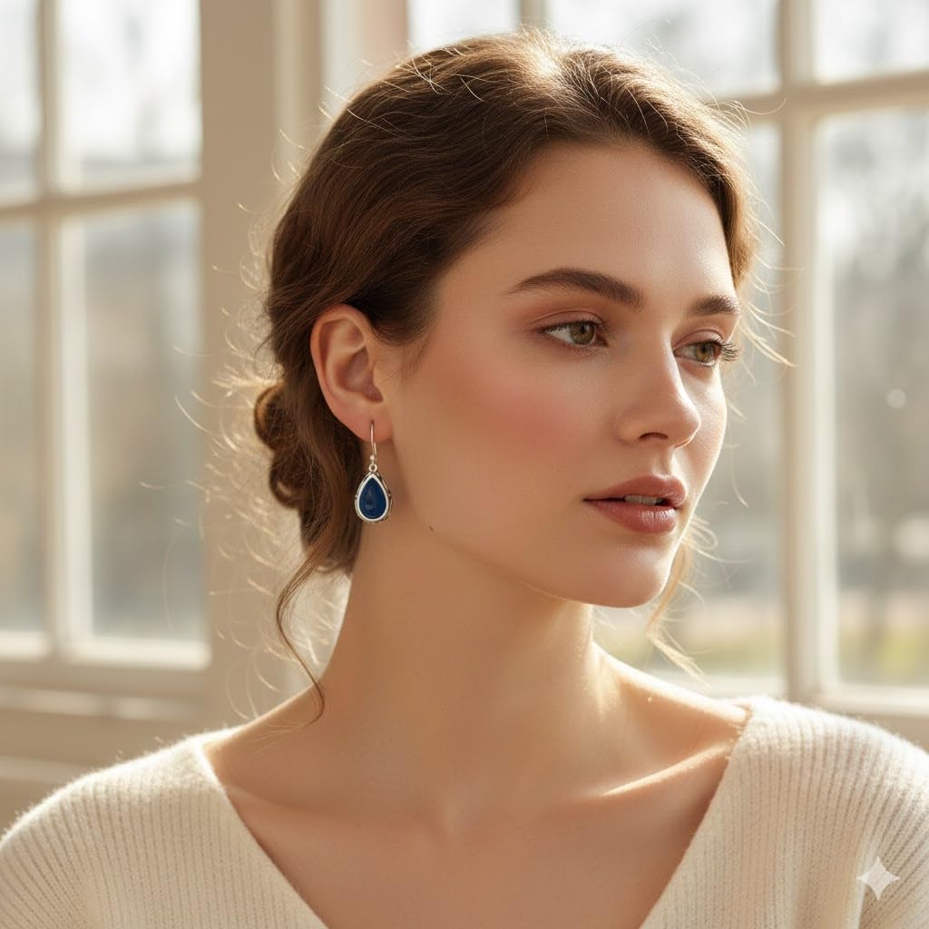 El Regalo Small Vintage Teardrop Earrings for Girls & Women- Elegant Filigree Carved Boho Dangle Earrings, Cut Stone Drop Earrings, Jewelry Gift (Blue)