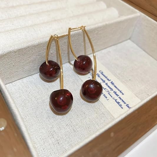 El Regalo Cute Red Double Cherry Front Back Jacket Earrings for Girls & Women | Glossy Fruit Design Gold-Tone Earrings | Fashion Statement Dangle Earrings for Party & Casual Wear