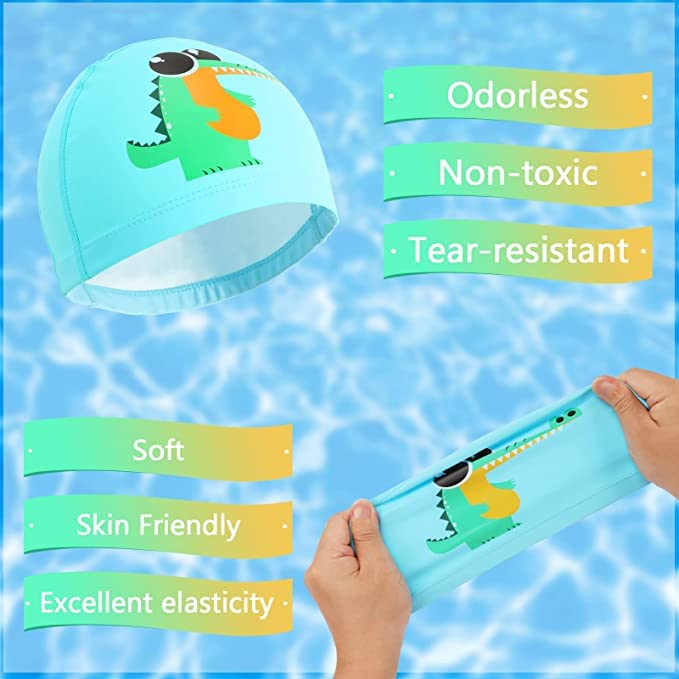 El Regalo Waterproof Swim Cap for Kids Boys Girls, Cute Cartoon PU/Silicone No-Slip Swimming Bathing Cap for Children Long Short Hair, Non-Toxic,Flexible Swim Caps Hat (Aligator)