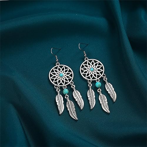 El Regalo Vintage Dream Catcher Feather Earrings Necklace for Girls/Women- Turquoise Bohemian Ethnic Fringe Tassel Dangle Jewelery Set