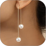El Regalo Elegant Pearl Drop Threader Earrings for Women & Girls | Gold Long Wire Hook Double Pearls Earrings | Minimalist Jewelry for Office, Party, Wedding, Festivals