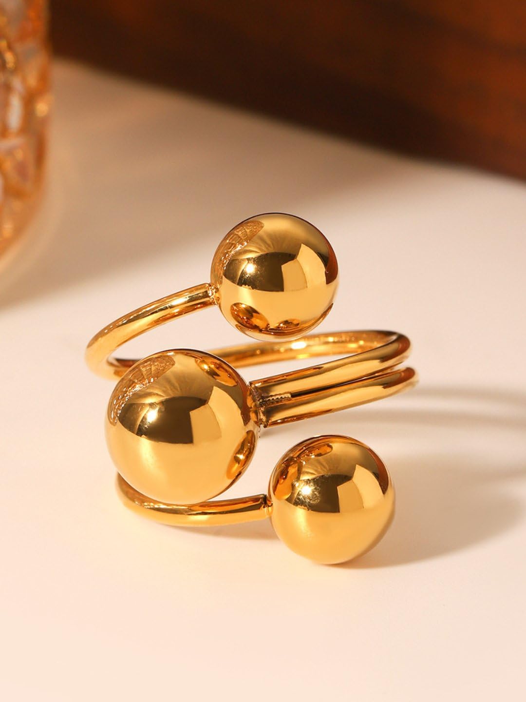 El Regalo Modern 18K Gold Plated Stainless Steel Trio Sphere Ring for Women & Girls | Elegant Big Bold Chunky Statement Ring | Triple Ball Spiral Cocktail Finger Ring | Western Fashion Jewellery