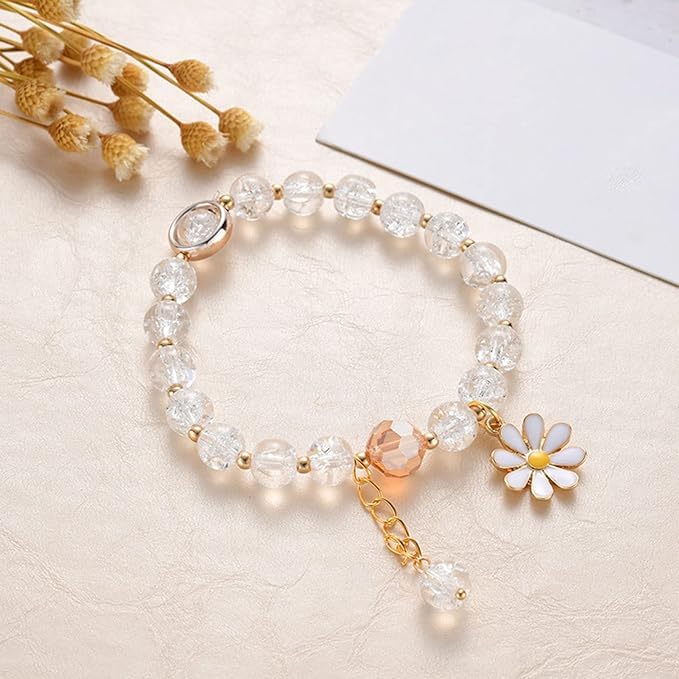 El Regalo 1 PC Dailsy Flower Sparkly Crystal Beads Tassel Bracelet for Girls/Teens/Women- Cute Crackle Beads Daisy Flower Stretch Bracelet (White)