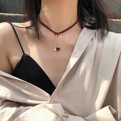 El Regalo 1PC Heart Pearls Red Lace Velvet Choker Pendant Necklace for Girls & Women