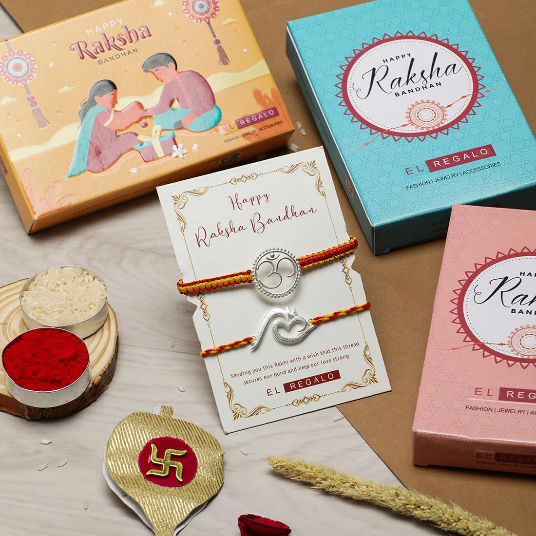 El Regalo 2PCs OM/Veera/Bhai Moli Thread Rakhi Set for Brother/Bhai/Bhaiya- Auspicious OM/Aum Mauli Rakhi with Roli Chawal, Rakhi Message Card in Rakhi Gift Box (2 OM Rakhis)