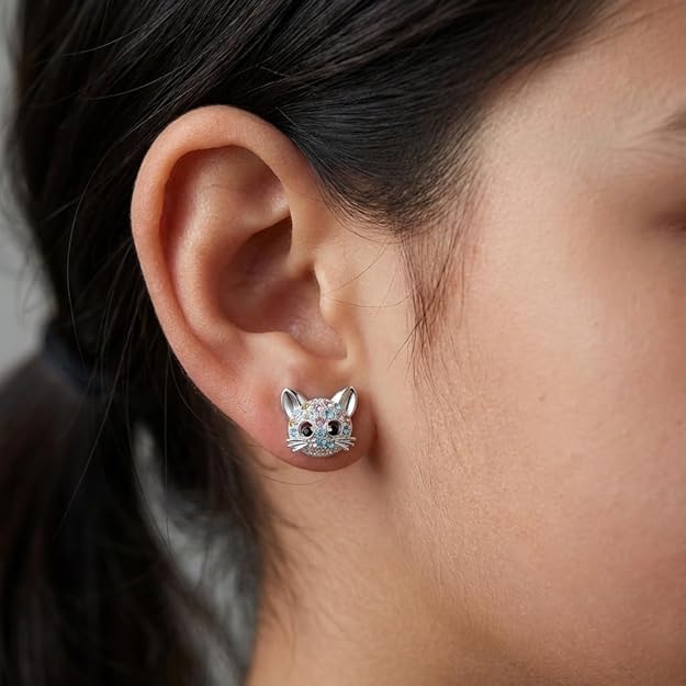 El Regalo Cute Multi-Color Crystal Cat Stud Earrings for Kids/Girls/Women- Silver-Plated Kitten Face Jewellery with Sparkly Rhinestones - Gift for Cat Lovers