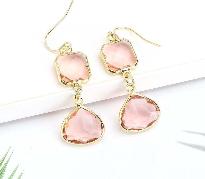 El Regalo Simulated Navy Blue Sapphire & Champagne Topaz Crystal Earrings- Hypoallergenic Dangle Drops Crystal Earrings for Girls & Women (Peachy Pink)