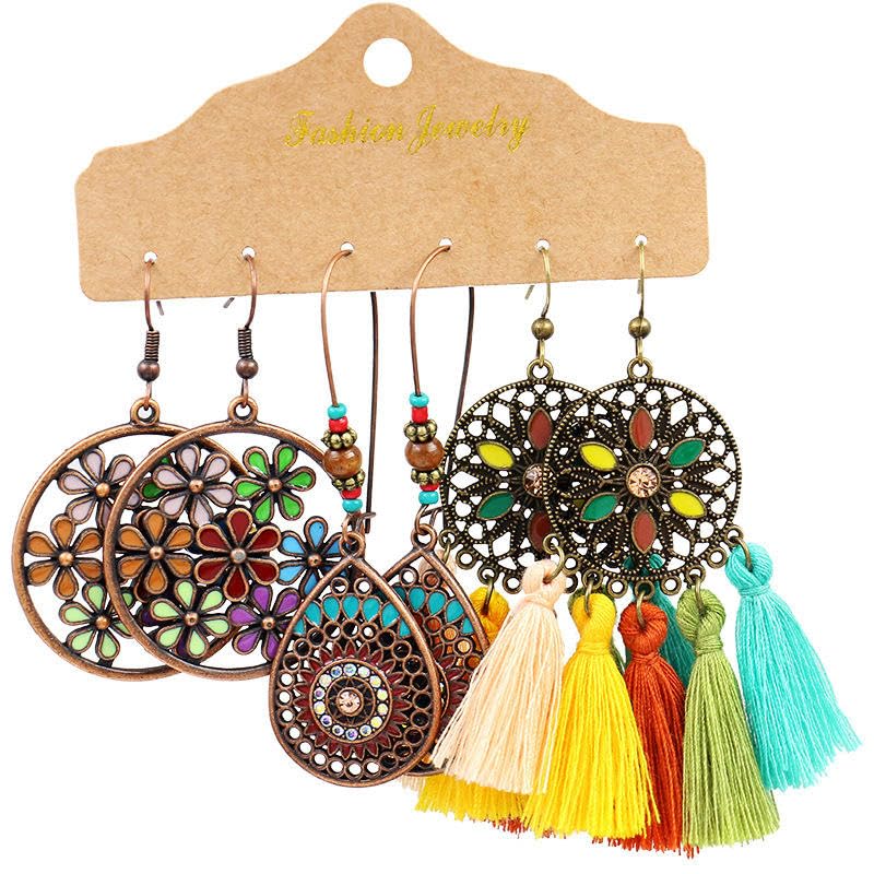 El Regalo 3 Pairs Earrings Combo of Vintage Bohemian Dangle Earrings for Women, 3-Pair Multi-Pack, Handmade Retro Tribal Drop Jewelry, Ethnic Bronze & Silver Tone Statement Earrings (Style-7)