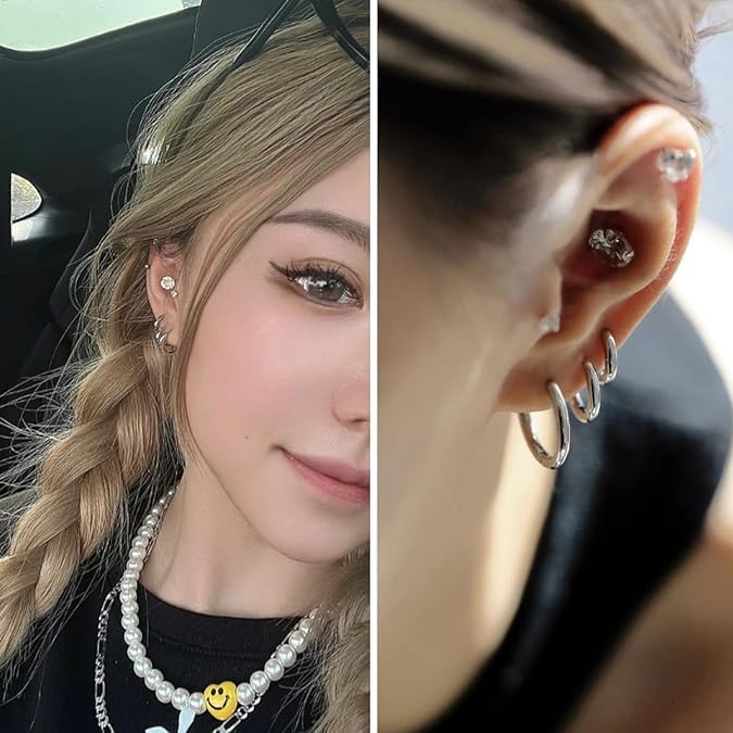 El Regalo 3 Pairs of Unisex Non-Piercing, Clip On Earrings for Girls/Boys/Men/Wome- Surgical Stainless Steel Hypoallergenic Huggie Fake Earrings (Silver)