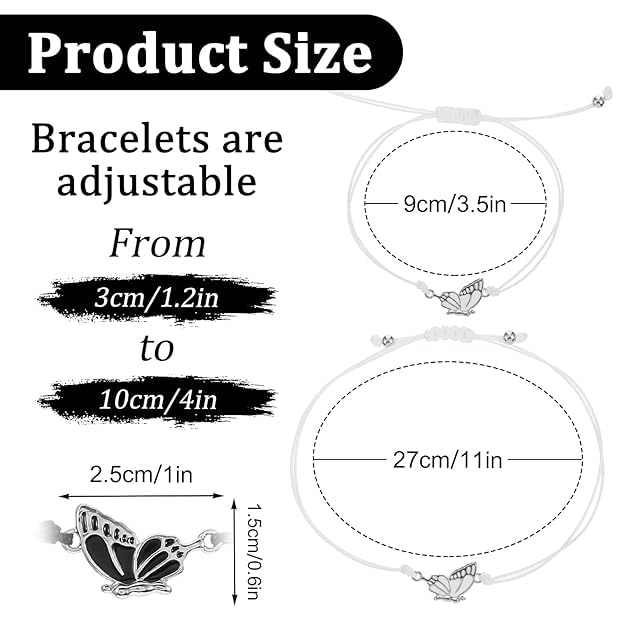 El Regalo 2PCs Butterfly Friendship Bracelets Set for Girls - Adjustable Handmade BFF Strand Bracelets for Best Friends - Symbolic Matching Jewelry for Birthday, Christmas, Graduation, Anniversary (Black & White)