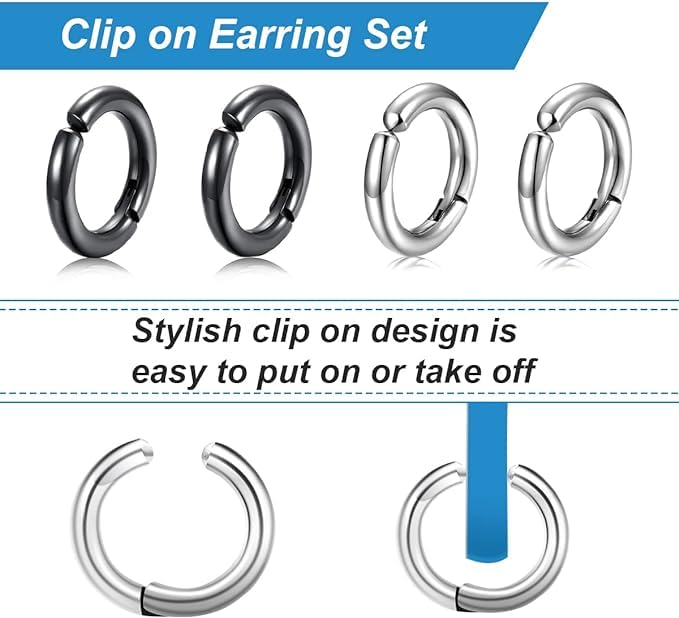 El Regalo 3Pairs Clip on Non-Piercing Unisex Hoop Earring-Surgical Stainless Steel, Anti-Tarnish, Waterproof Fake Earrings for Girls/Boys/Men/Women (12mm)
