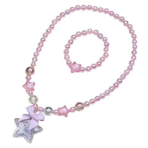 El Regalo 1 Pair Girls Kids Glittery Star Beads Princess Necklace & Bracelet Sets- Acrylic Star Beads Princess Necklace Bracelet Jewelry Set for Girls Kids (Pink Star)
