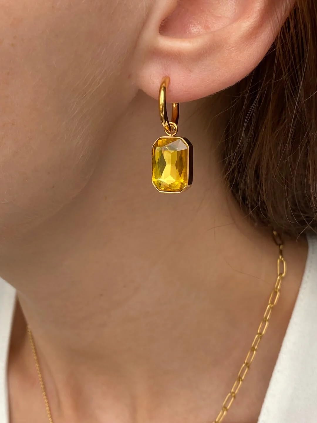 El Regalo Stainless Steel Rectangular Cut Rhinestone Hoop Earrings - Elegant 18K Gold Plated Waterproof Vintage-Inspired Cubic Zirconia Huggie Hoops for Women (Golden Yellow)