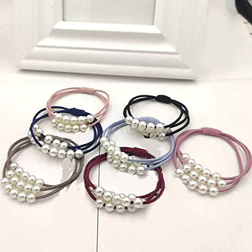 El Regalo Set of 5 Knotted Elastic Pearls Hair Ties Rubber Band Ponytail Holder for Girls/Kids/Women (5 Pearls Multi Layers Rubber bands)